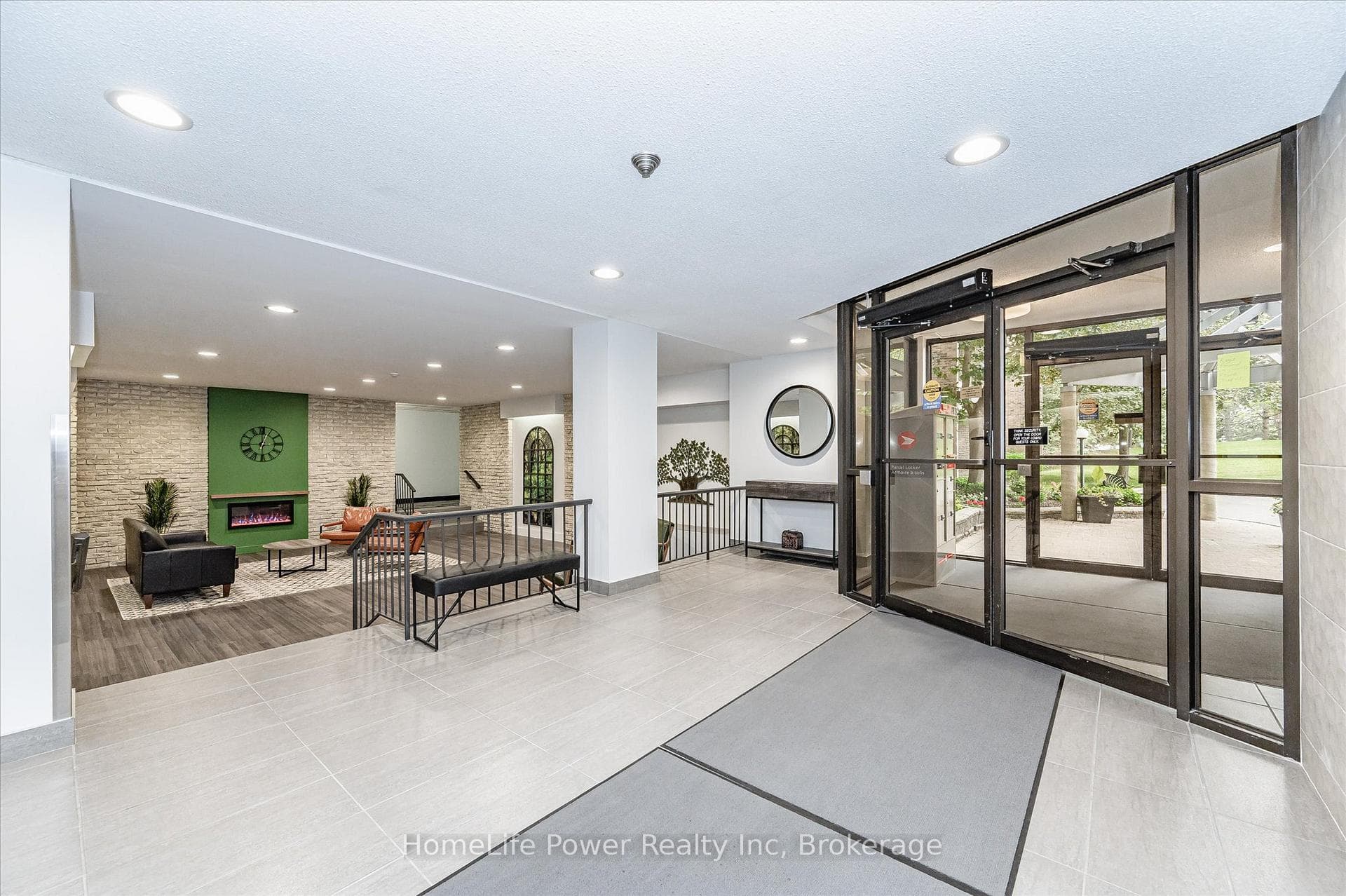 Lobby area with fireplace