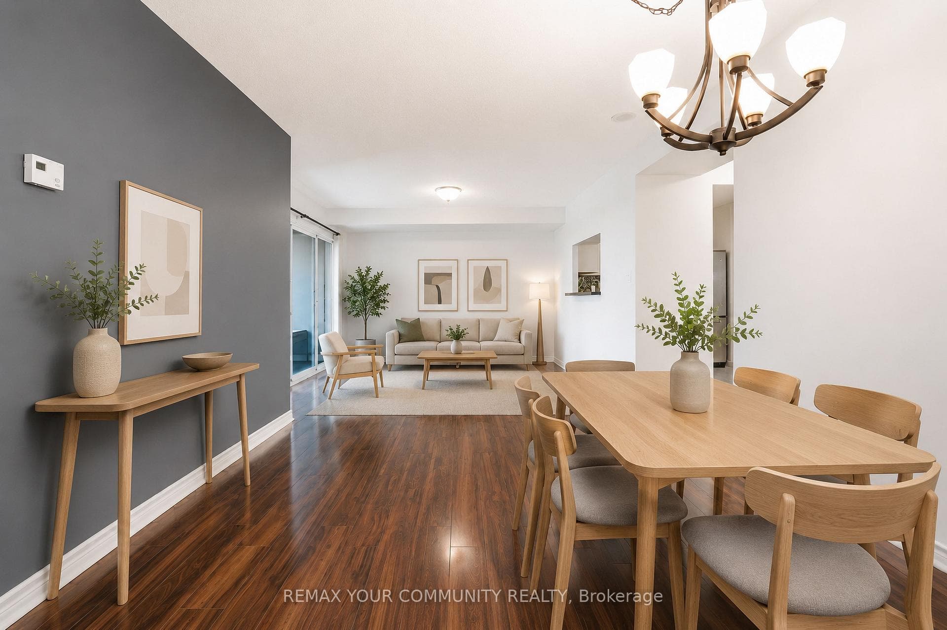 Virtually staged living and dining area